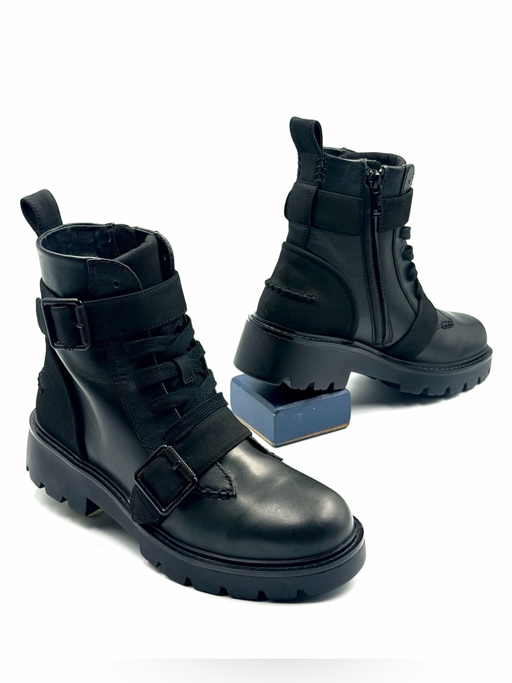 Ugg Noe Moto Boots Black Leather 1104731 Biker Combat Buckle Ankle